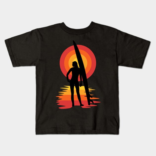 Surfer girl silhouette in front of sunset Kids T-Shirt by All About Nerds